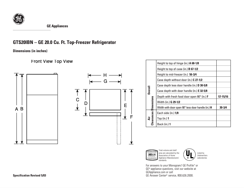 Page 1 de la notice Fiche technique GE GTS20IBNCC
