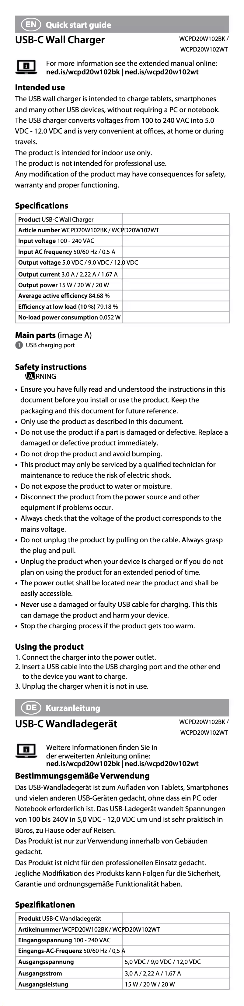 Page 1 de la notice Manuel utilisateur Nedis WCPD20W102BK