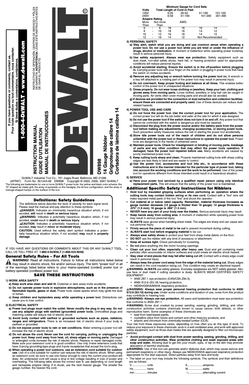 Page n°1 - Manuel utilisateur DeWalt DW898