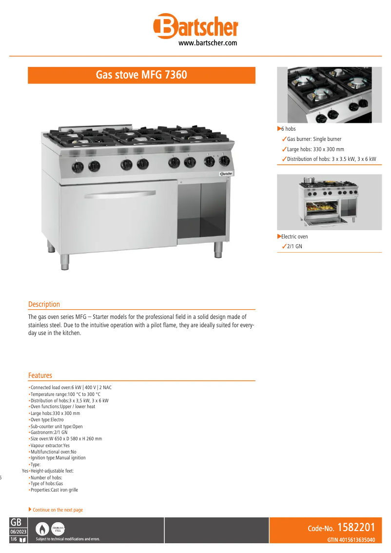 Page 1 de la notice Fiche technique Bartscher 1582201