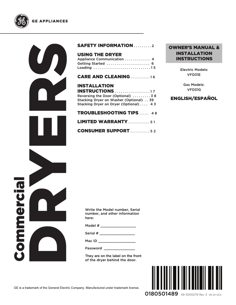 Page n°1 - Guide d'installation GE VFD31GSSRWW