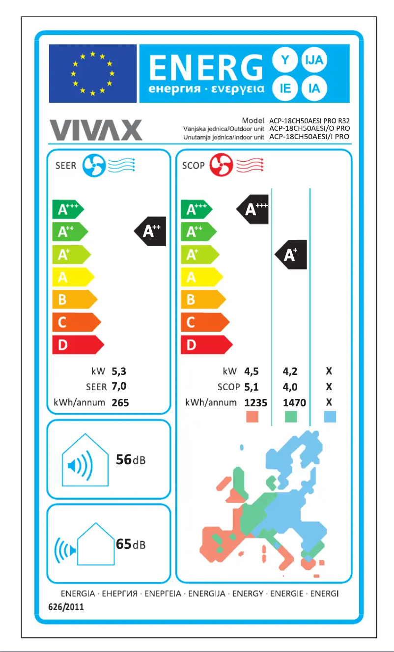 Page 1 de la notice Label énergétique Vivax ACP-18CH50AESI R32 PRO