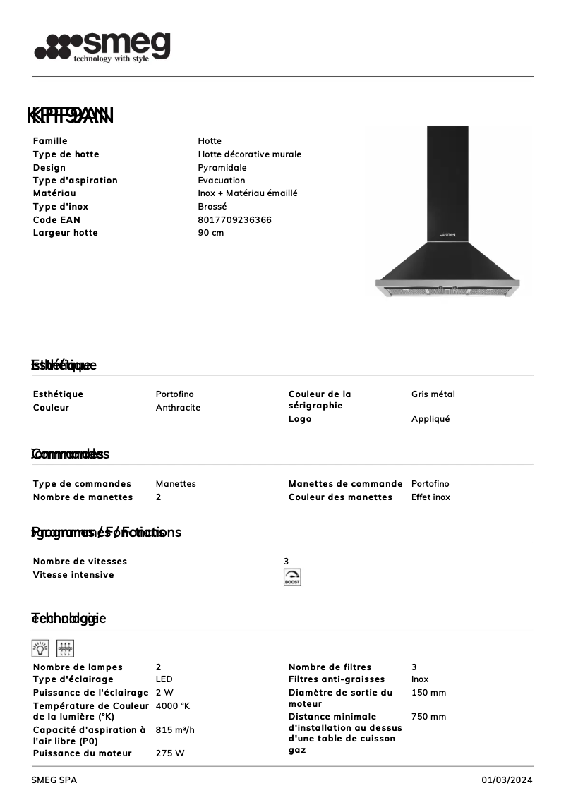 Page n°1 - Fiche technique Smeg KPF9