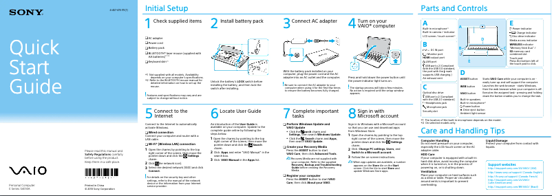 Page n°1 - Guide d'installation Sony Vaio SVE14A390X