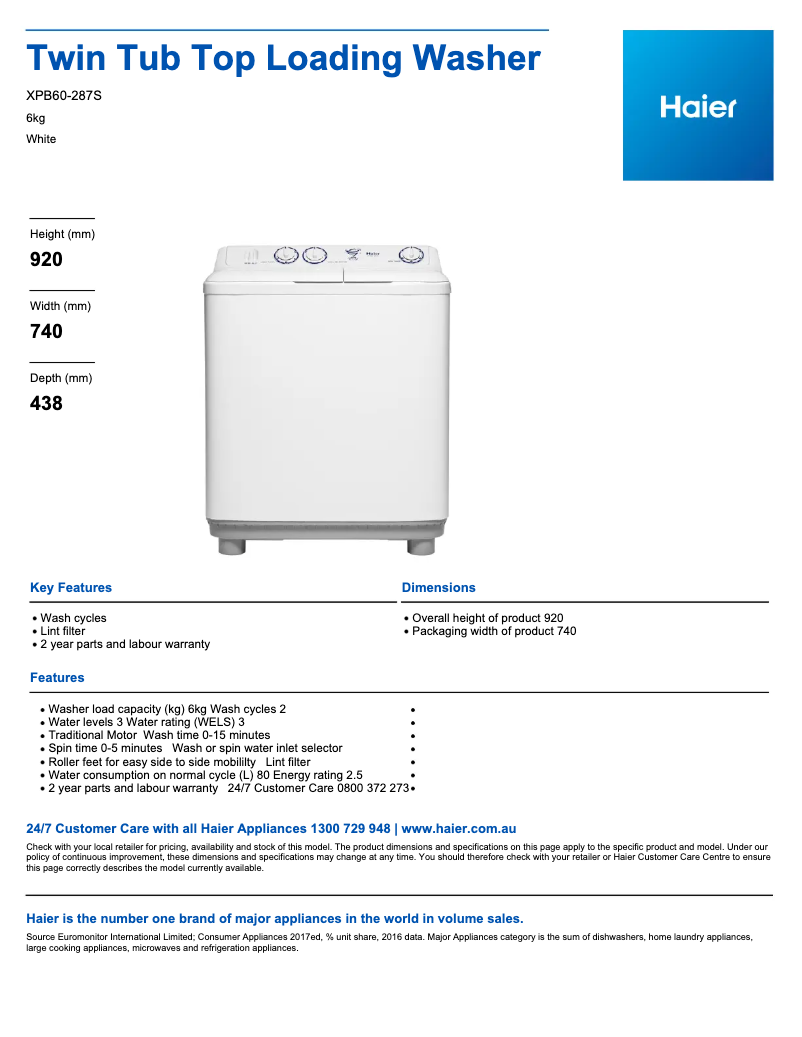 Page n°1 - Fiche technique Haier XPB60-287S