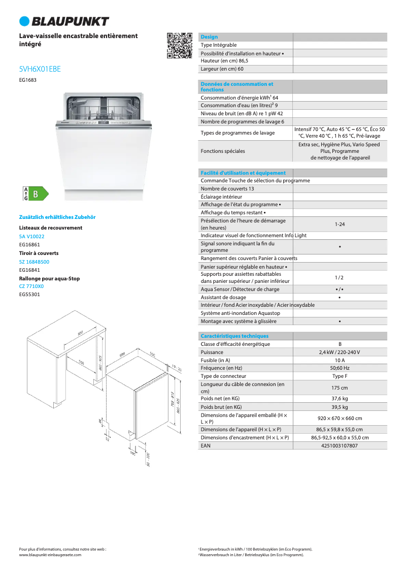 Page n°1 - Fiche technique Blaupunkt 5VH 6X01EBE