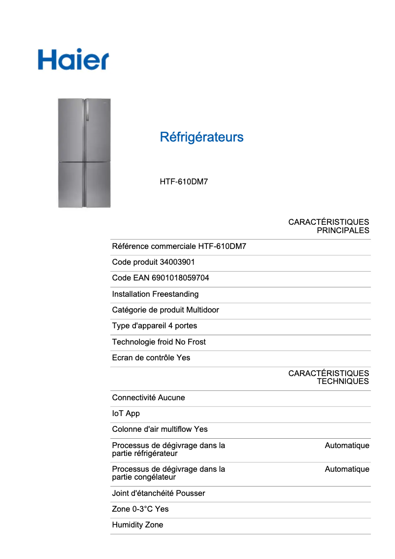 Page 1 de la notice Fiche technique Haier HTF-610DM7