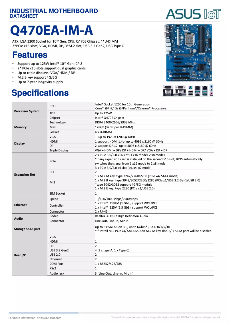 Page 1 of the manual Technical Sheet Asus Q470EA-IM-A