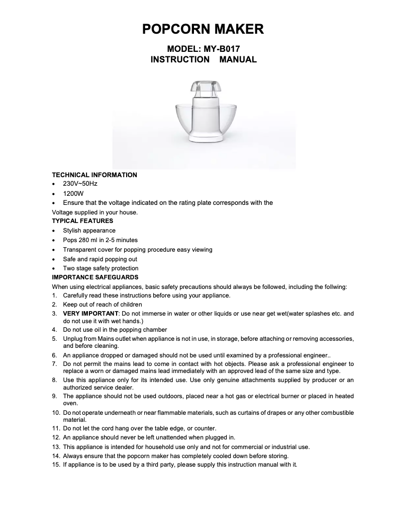 Page 1 de la notice Manuel utilisateur Cornfit MY-B017