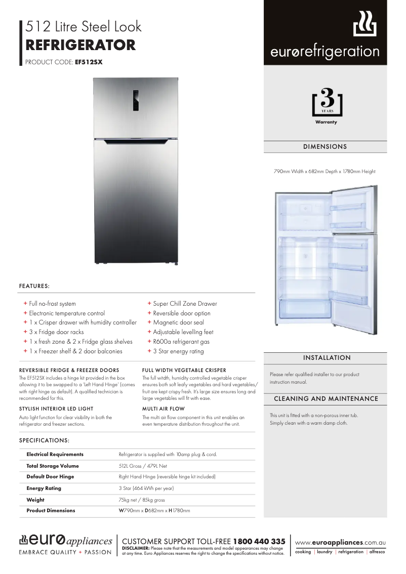 Page 1 de la notice Fiche technique Euro Appliances EF512SX