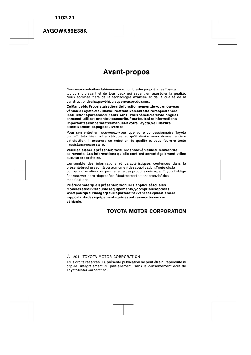 Image de la première page du manuel de l'appareil Aygo (2011)