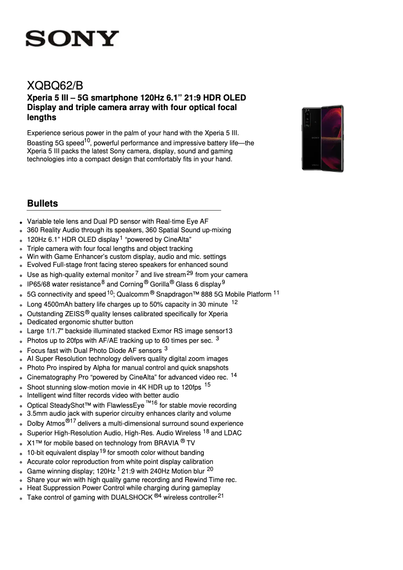 Página 1 del manual Ficha técnica Sony Xperia 5 III