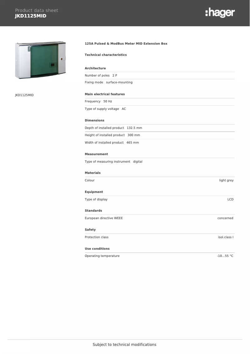 Page 1 de la notice Fiche technique Hager JKD1125MID