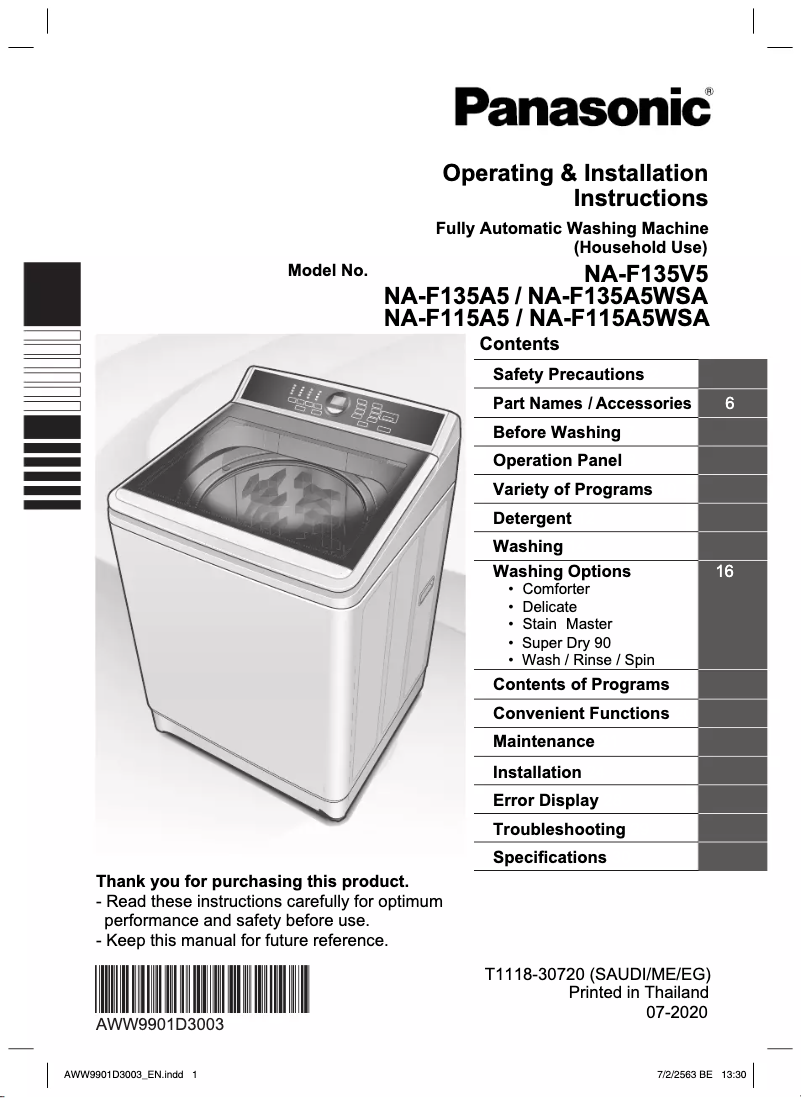Page 1 de la notice Manuel utilisateur Panasonic NA-F135A5
