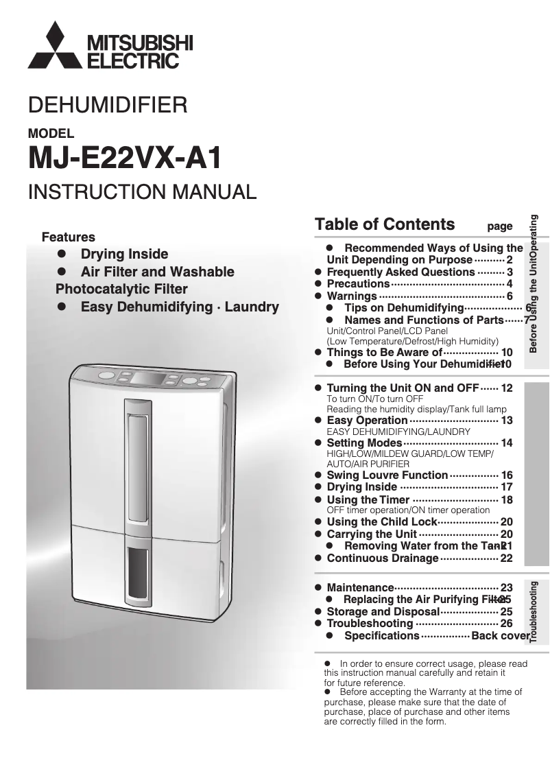 Page 1 de la notice Manuel utilisateur Mitsubishi MJ-E22VX-A1