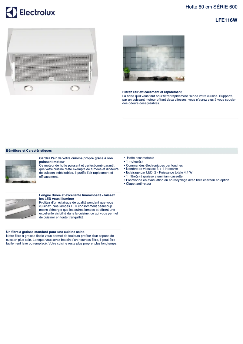 Page 1 de la notice Fiche technique Electrolux LFE116W