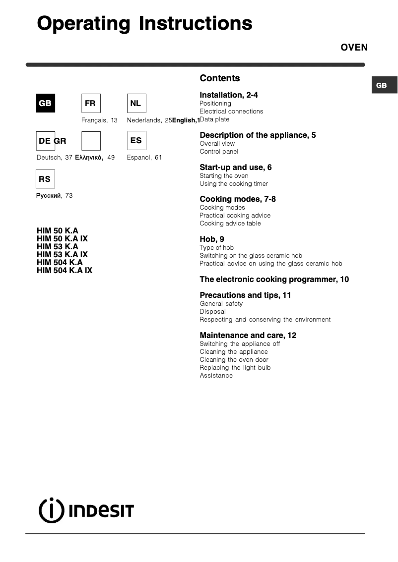 Page n°1 - Manuel utilisateur Indesit HIM 504 K.A IX