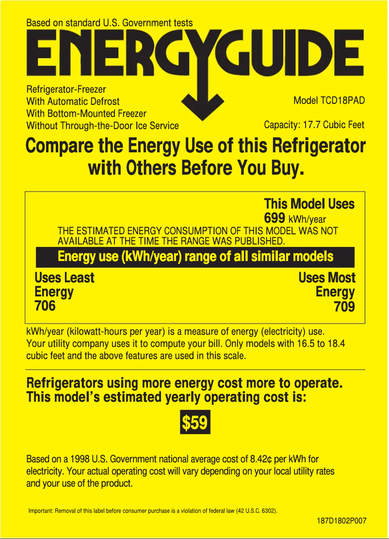 Page 1 de la notice Label énergétique GE Profile TCD18PADAA