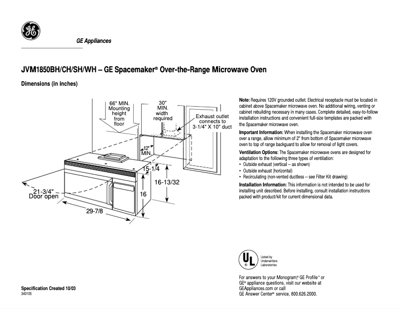 Página 1 del manual Ficha técnica GE JVM1850SH