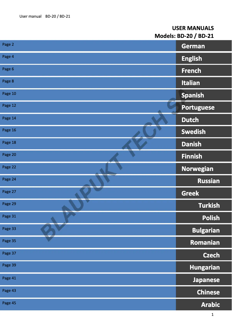 Page 1 de la notice Manuel utilisateur Blaupunkt BD-20