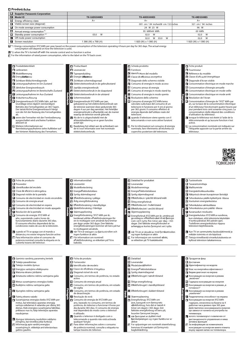 Page 1 de la notice Fiche technique Panasonic TX-40DS500
