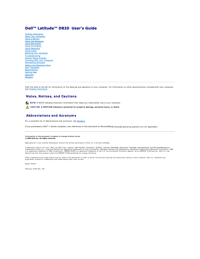 Image de la première page du manuel de l'appareil Latitude D820