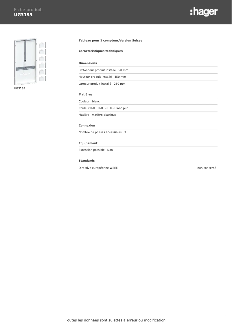 Page n°1 - Manuel utilisateur Hager UG31S3