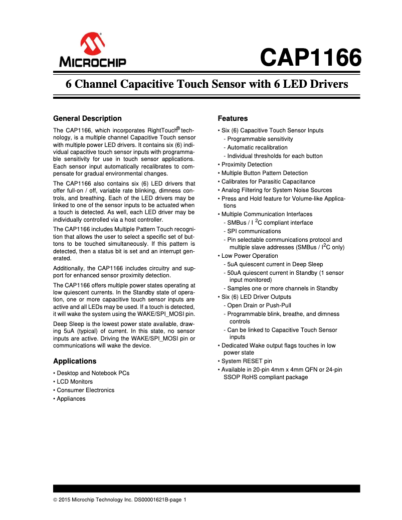 Page 1 de la notice Fiche technique Microchip CAP1166