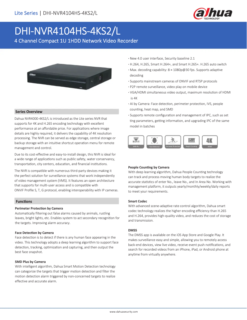 Page n°1 - Fiche technique Dahua Technology NVR4104HS-4KS2/L