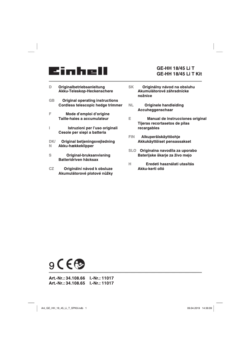 Page 1 de la notice Manuel utilisateur Einhell GE-HH 18/45 Li T Kit
