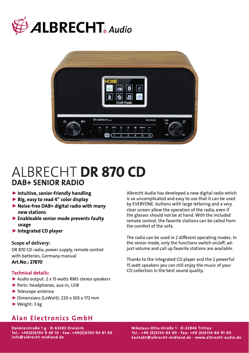 Page 1 de la notice Fiche technique Albrecht DR 870 CD