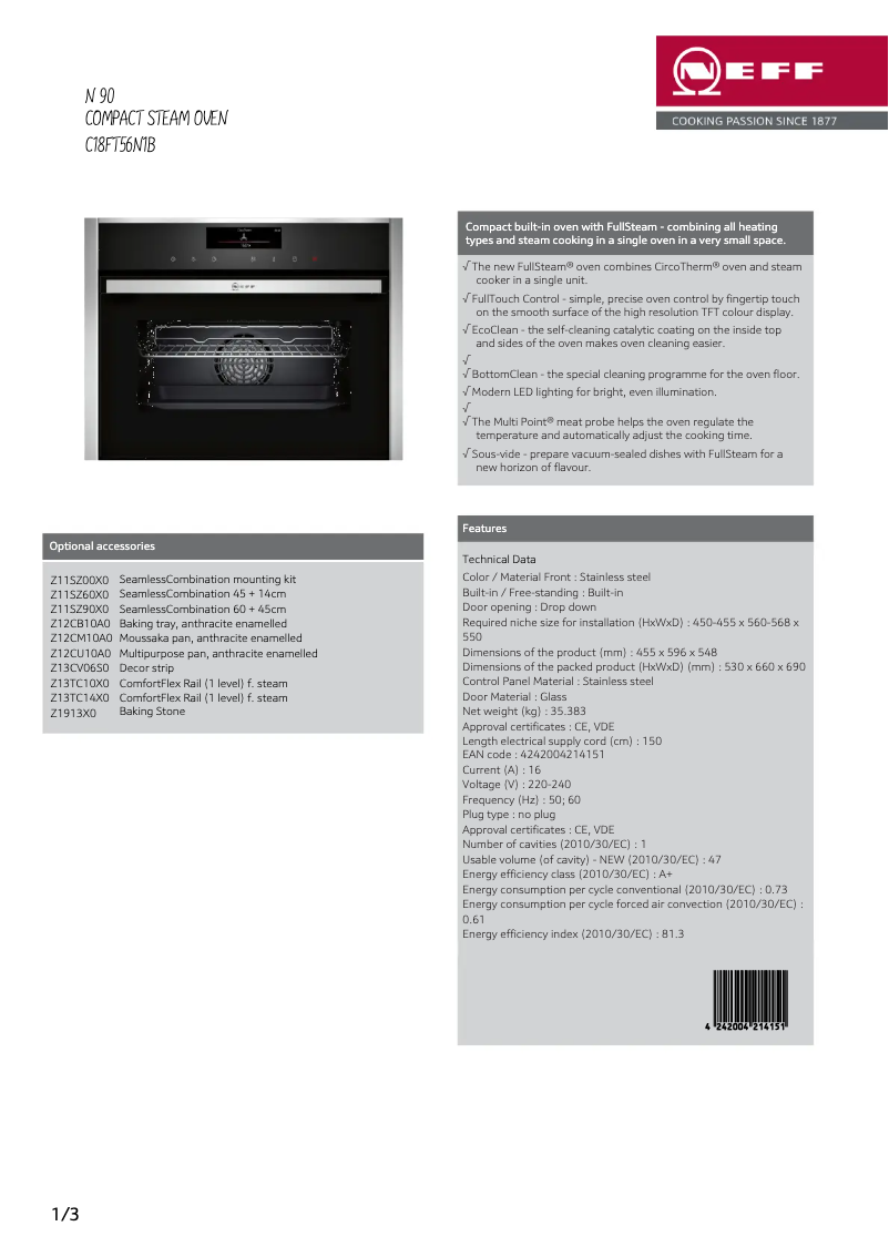 Page 1 of the manual Technical Sheet Neff C18FT56N1B