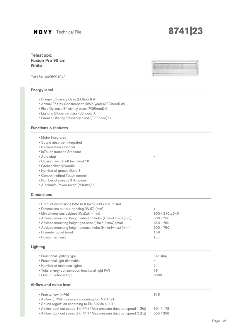 Page n°1 - Fiche technique Novy Fusion Pro 8741