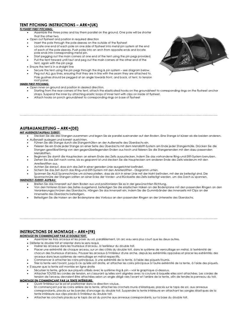 Page 1 de la notice Manuel utilisateur Vango Ark 400+
