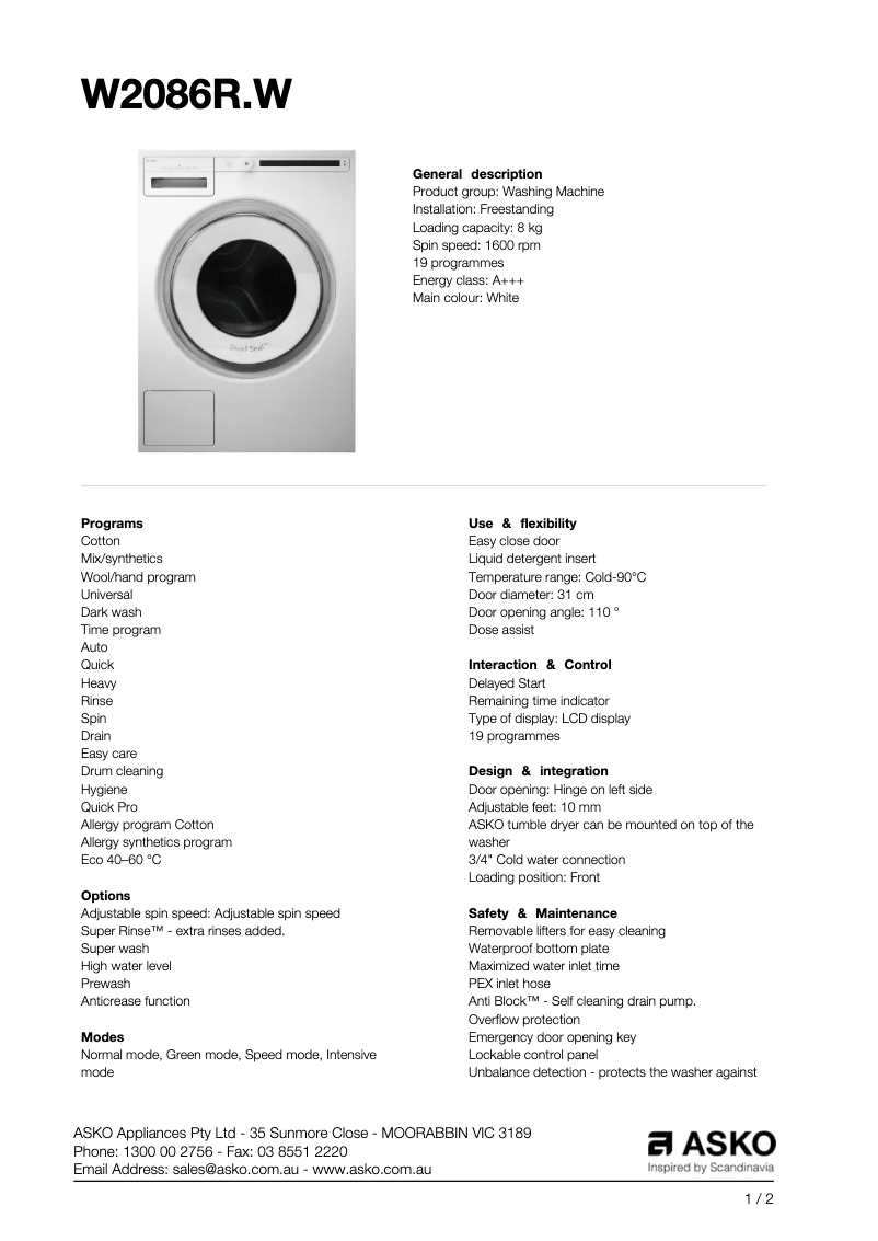 Page 1 de la notice Fiche technique Asko W2086R