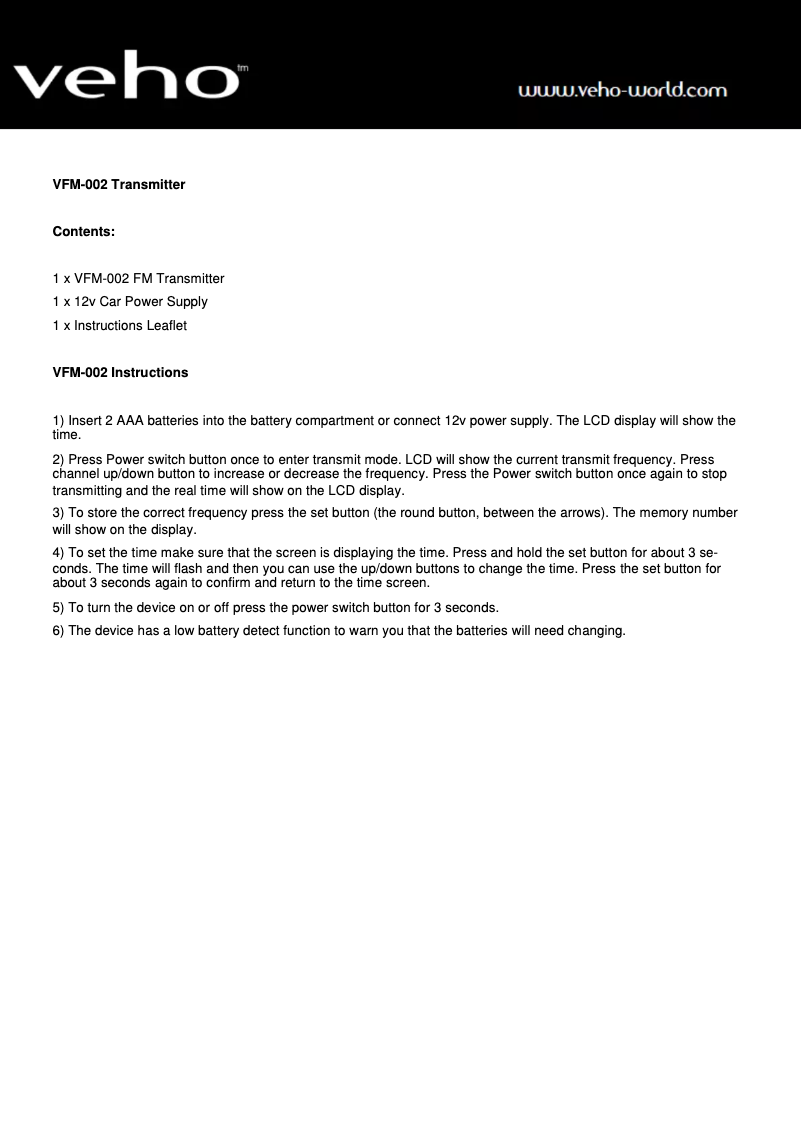 Page 1 de la notice Manuel utilisateur Veho VFM-002 Transmitter