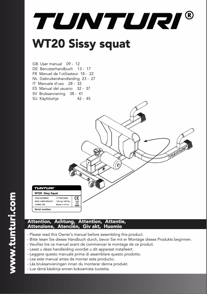 Page 1 of the manual User Manual Tunturi Sissy Squat WT20