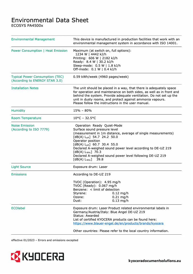 Page 1 de la notice Fiche technique Kyocera ECOSYS PA4500x