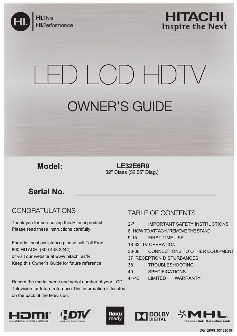 Page n°1 - Manuel utilisateur Hitachi LE32E6R9