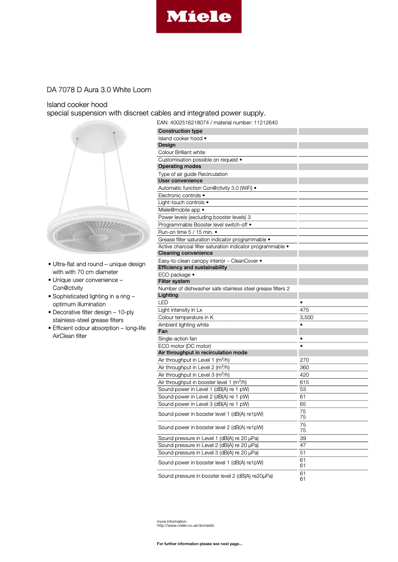 Page n°1 - Fiche technique Miele DA 7078 D