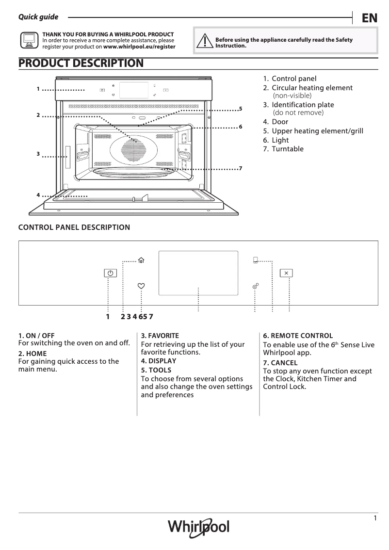 Page 1 de la notice Manuel utilisateur Whirlpool W11I MW161 UK