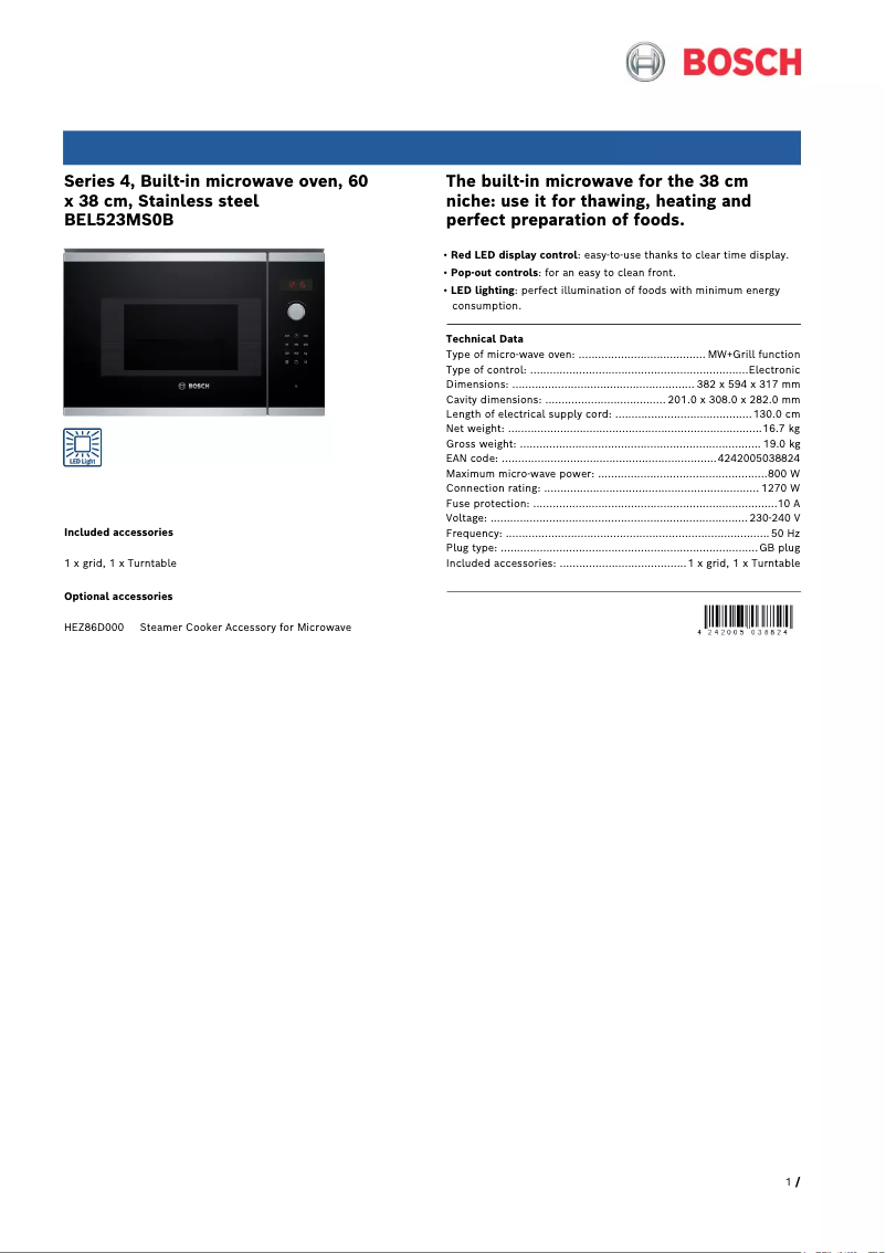 Page 1 de la notice Fiche technique Bosch Serie 4 BEL523MS0B