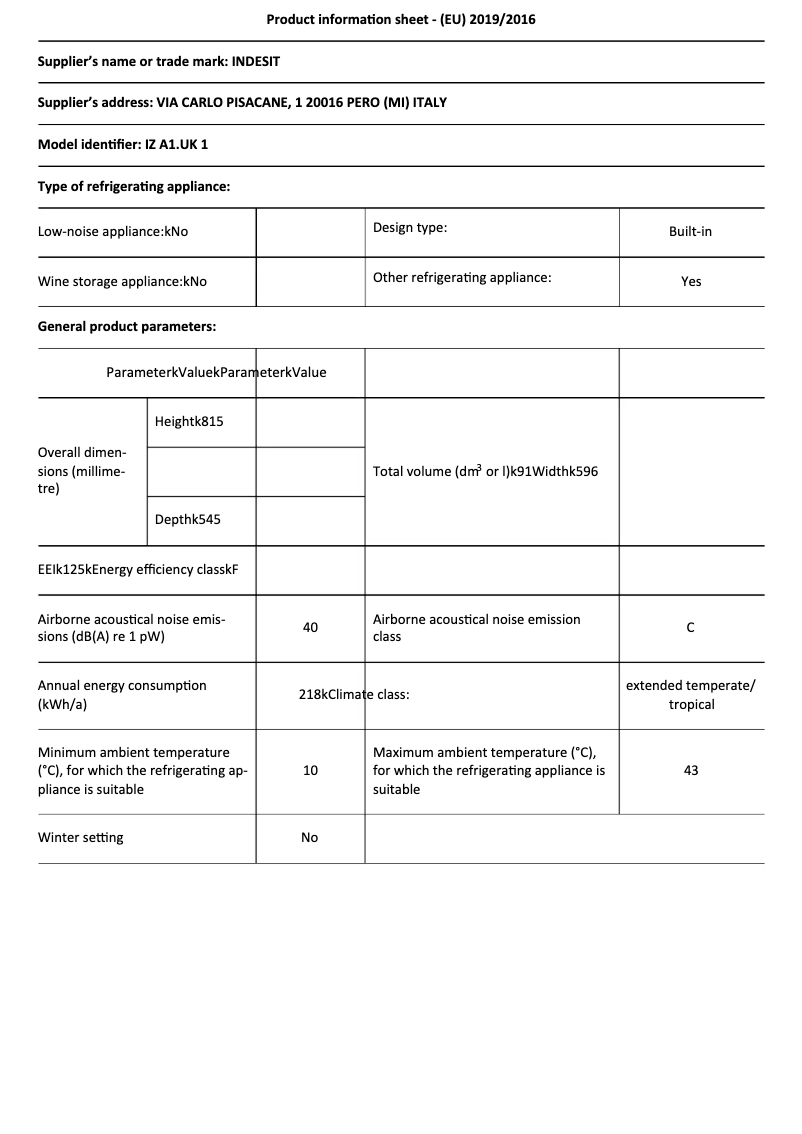 Page n°1 - Fiche technique Indesit IZ A1.UK 1