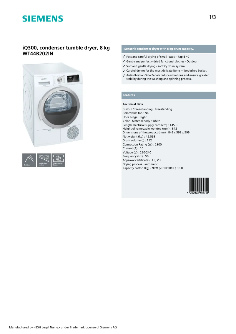 Page 1 de la notice Fiche technique Siemens WT44B202IN