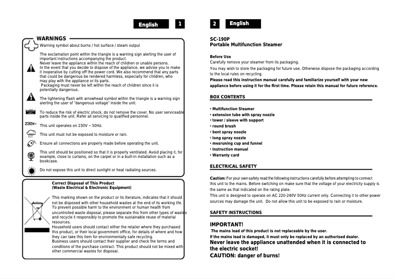 Page 1 de la notice Manuel utilisateur Roadstar SC-190P