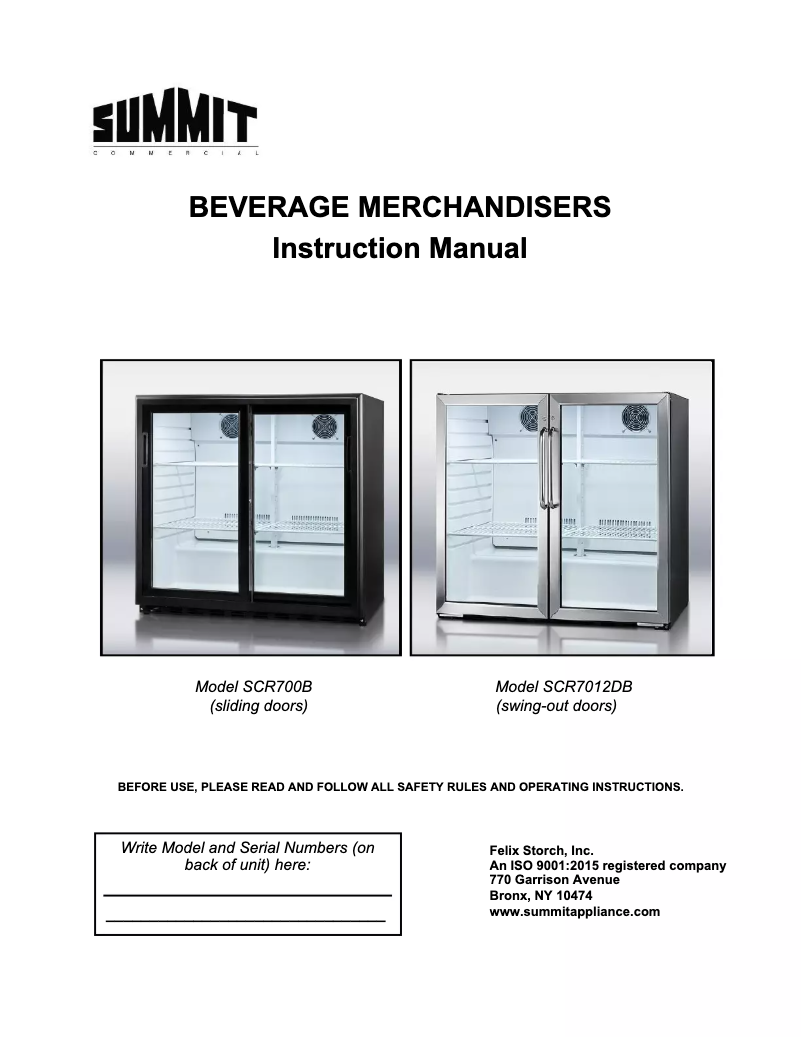 Page n°1 - Guide d'installation Summit Commercial SCR7012DCSS
