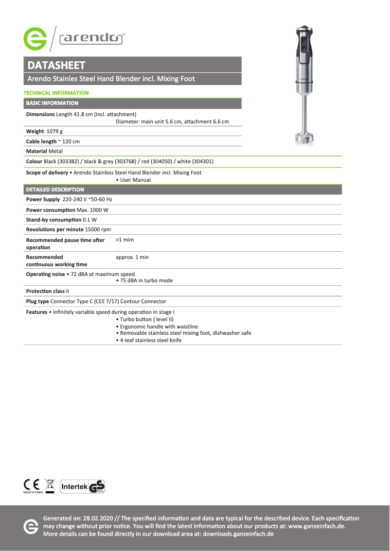 Page 1 de la notice Fiche technique Arendo Mano 304826