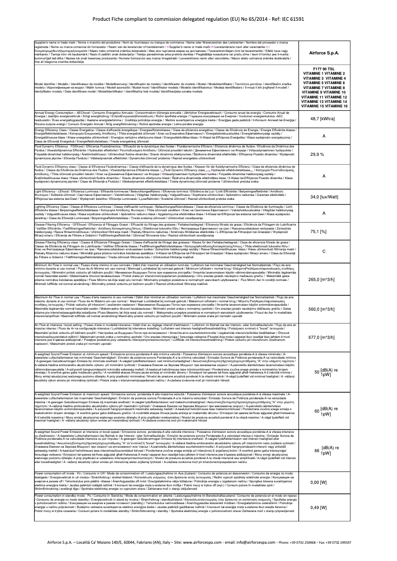Page 1 de la notice Fiche technique Airforce Vitamine