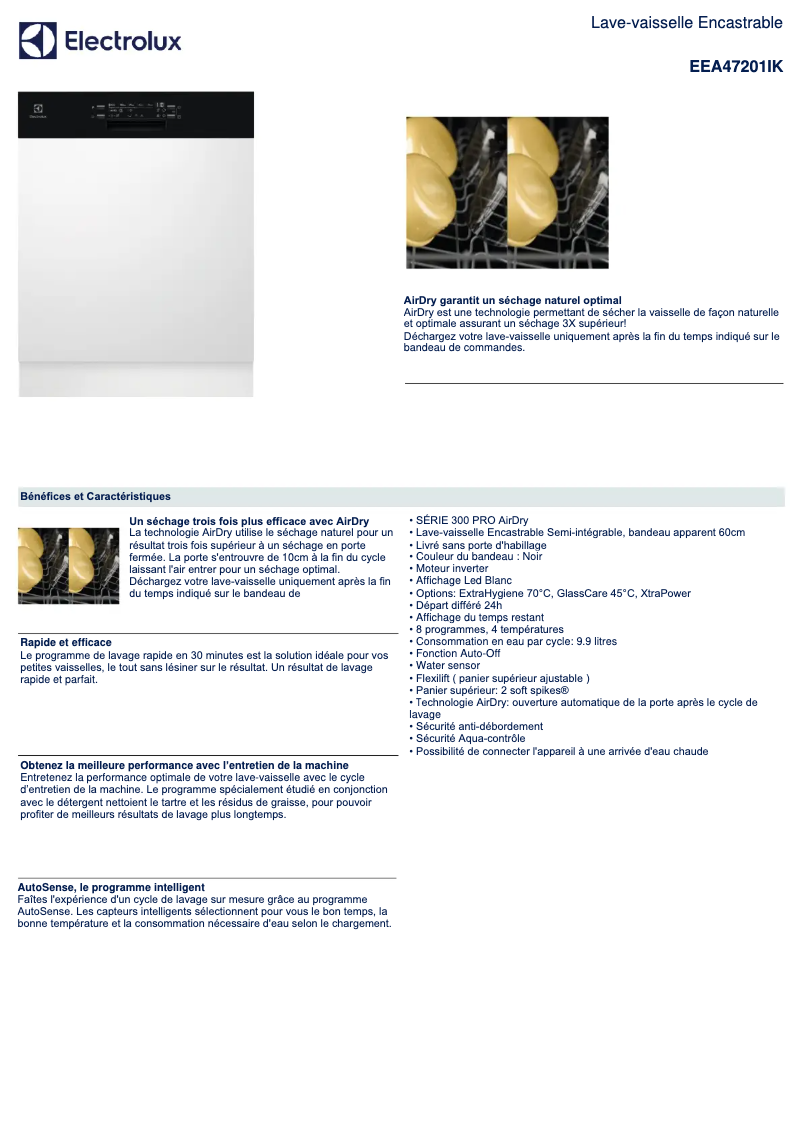 Page 1 de la notice Fiche technique Electrolux EEA47201IK