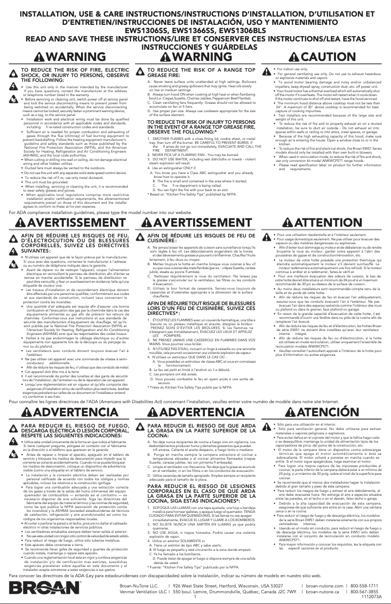 Page 1 of the manual Installation Guide Broan EWS1366SS